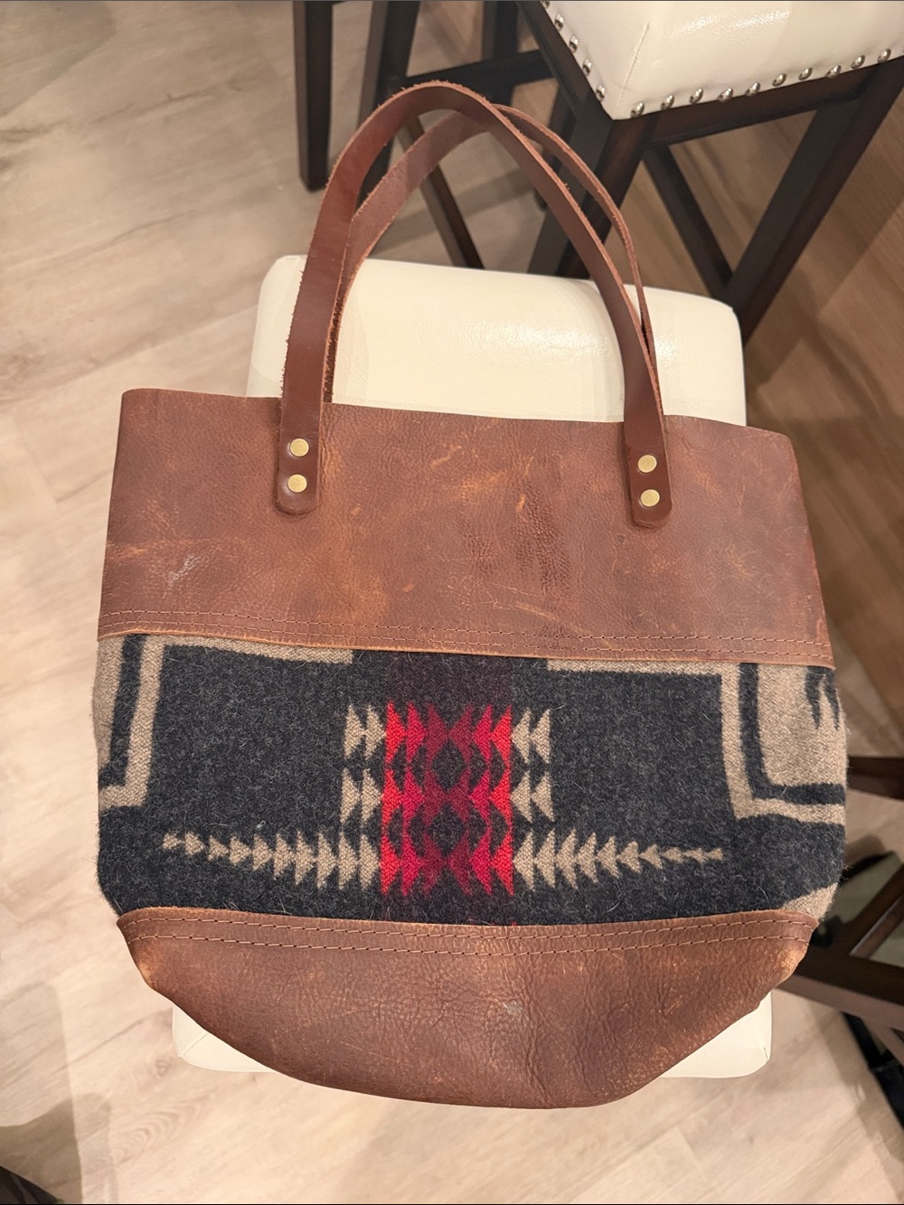 Leather & Wool Tribal Tote Bag - Brown, Gray, Red